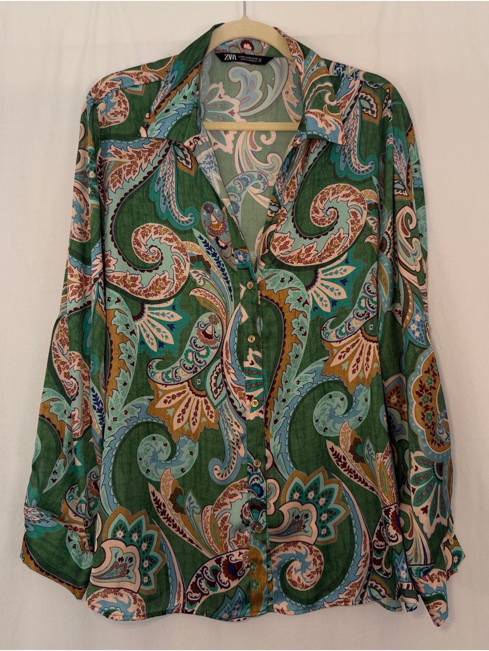 Zara Green Paisley Button-Front Women's Blouse - XL - Picture 2 of 6